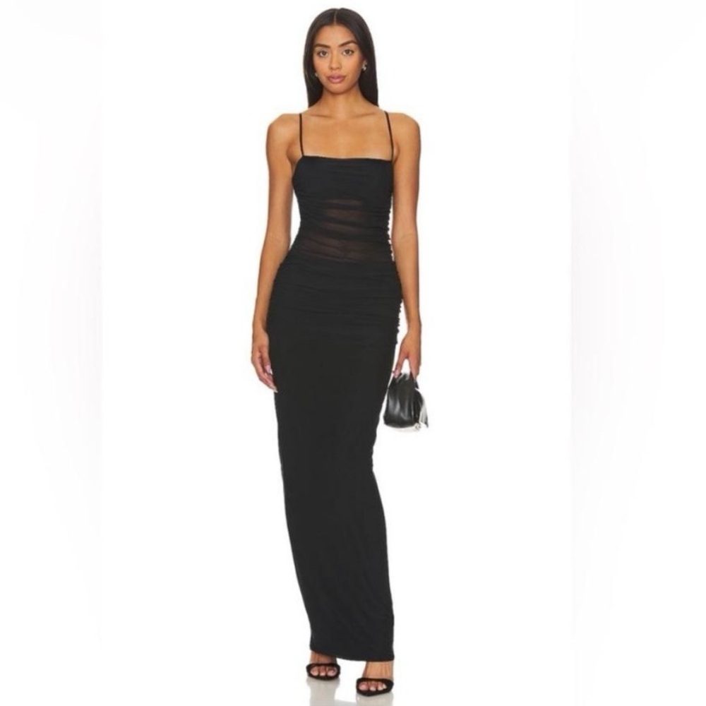 AFRM Jennan Noir Black Chiffon Draped Sheer Maxi Dress New Size 12